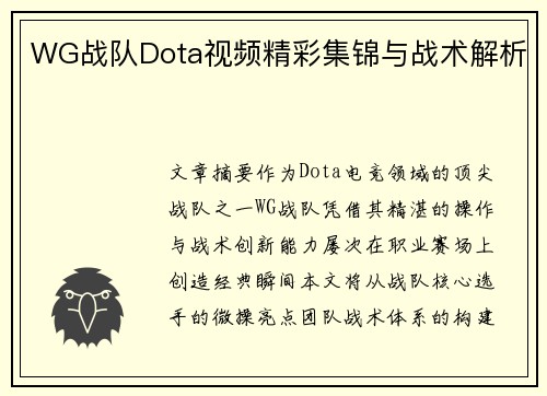 WG战队Dota视频精彩集锦与战术解析