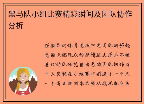 黑马队小组比赛精彩瞬间及团队协作分析
