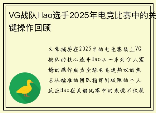 VG战队Hao选手2025年电竞比赛中的关键操作回顾