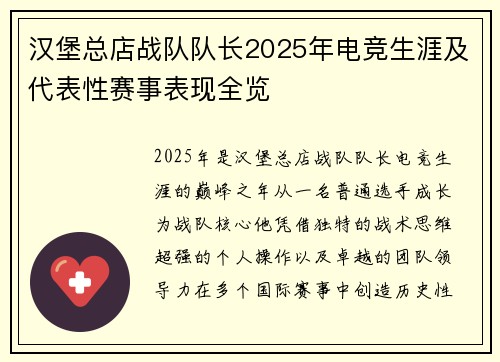 汉堡总店战队队长2025年电竞生涯及代表性赛事表现全览