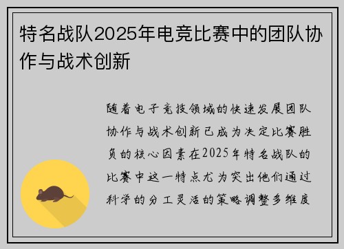 特名战队2025年电竞比赛中的团队协作与战术创新